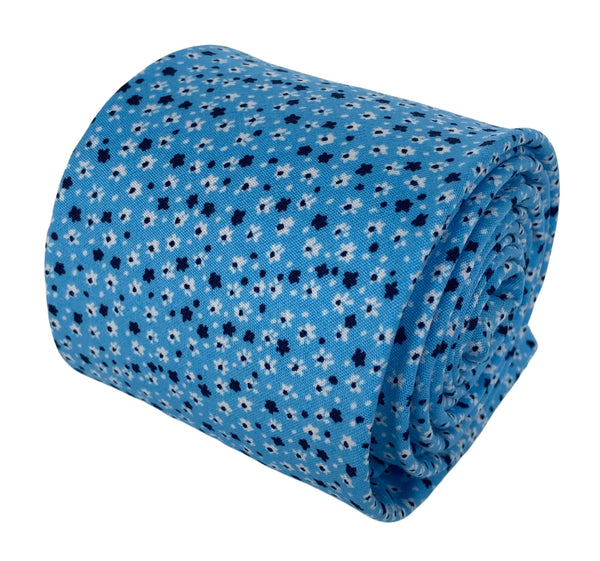light pastel baby blue  cotton tie with ditsy navy & white floral print